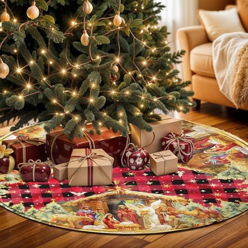 Double Sided Buffalo Plaid Nativity Christmas Tree Skirt, 36 Inch Red Tree Skirt, Jesus Nativity Holy Night Soft Farmhouse Holiday Xmas Trees Decoration, Nativity Christmas Blue Tree Skirt - Image 6
