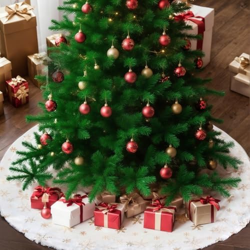 Christmas Tree Skirt 48 Inches Faux Fur Christmas Tree Skirt White with Gold Sequin Snowflakes Large Xmas Tree Skirt Christmas Tree Base Cover Party Decorations Ornaments - Image 2