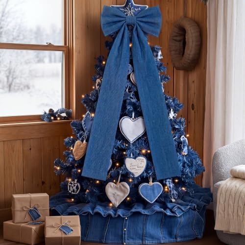 Soulchen 16 x 46 Inch Blue Denim Christmas Tree Topper Extra Large Christmas Bow Giant Coquette Bow Gift Decor for Xmas Tree Wreath Wall Birthday Wedding Holiday Party Decorations - Image 2