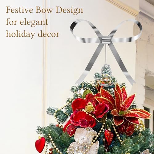 HMASYO Christmas Tree Topper Bow, 10.5 Inch Large Silver Metal Bow Tree Topper with Spiral Base for Holiday Xmas Party Christmas Tree Top Decorations (Silver) - Image 3