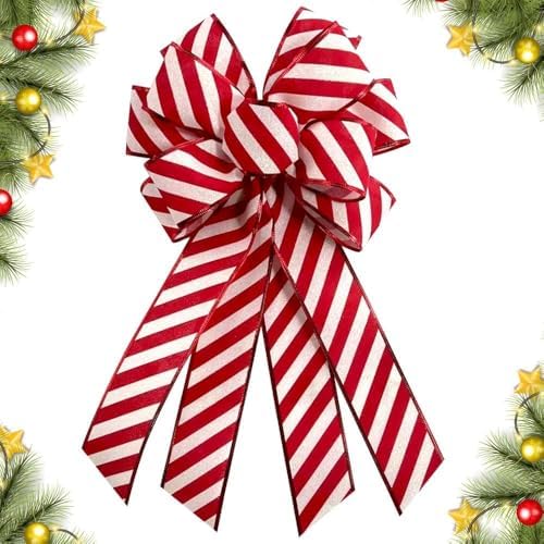 Christmas Wreath Bow 20 x 11 Inches Large Christmas Bows White Red Stripes Burlap Bow Holiday DIY Craft Bow Xmas Tree Topper Ornament for Home Front Door Wedding Decorations by CHMOART