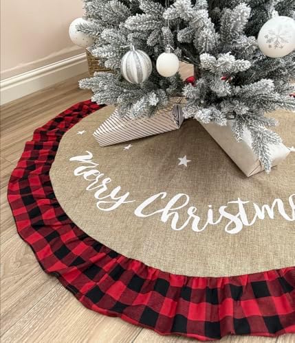 36 Inch Christmas Tree Skirt Linen Burlap Buffalo Plaid Edge Decoration for Merry Christmas Party Red and Black Buffalo Christmas Tree Skirt Decorations by AISENO