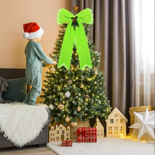 Large Christmas Tree Topper Bow with Lights, Christmas Tree Door Decorations Velvet Plush Hanging Ornaments, Lime Green Bow Berries Wreath for Party Wall Window Mantel Gifts, 47" x 17" - Image 6