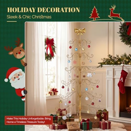 VINGLI 6ft Metal Christmas Ornament Tree Stand w/Bow Topper, 192 Branches, Decorative Iron Display Tree for Hanging Ornaments, Wrought Iron Christmas Tree Decoration for Holiday Home Decor, Gold - Image 3