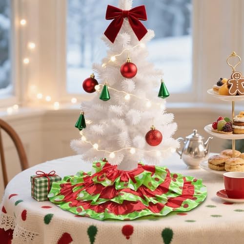 yuboo 24 Inch Tabletop Christmas Tree Skirt - Small Red and Green Polka Dots Ruffle Tree Skirt, Mini Xmas Tree Mat for Pencil Tree, Halloween Christmas Tree Decorations Ornaments - Image 6
