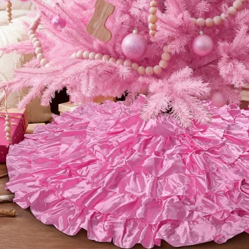 Hot Pink Ruffle Tree Skirt, 48 inch 6-Layer Christmas Decorations Ornaments by TIOSGGD