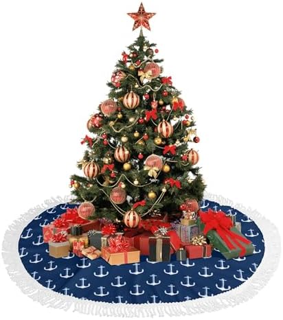 Xmas Tree Skirt 30" Inch,Navy Blue Nautical Anchor White Tassel Edge Rustic Christmas Tree Skirts for Party Holiday Decorations Xmas Ornaments - Image 4