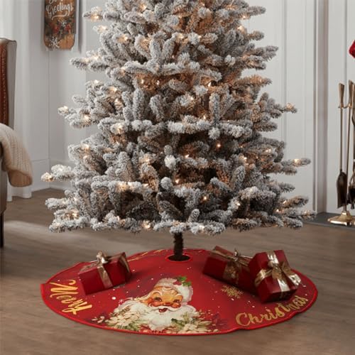 Christmas Tree Skirt Red and Gold Christmas Decorations - Xmas Tree Skirt Mat with Santa Claus Snowflake Pattern for Indoor Outdoor Merry Christmas Holiday Party Decor Inches (48inch) - Image 5