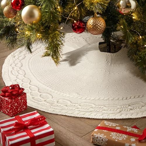 NIBESSER Knit Tree Skirt White 48" Christmas Tree Skirt Ivory Knitted Mat for Christmas Decorations Yarn Thick Rustic Cable Knit Tree Collar for Home Party Holiday Ornaments - Image 7