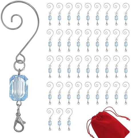 Light Blue Jeweled Christmas Ornament Hooks, Pack of 40 Silver Wire Ornament Hangers with Acrylic Jewel Accent and Storage Bag, 3 Inch Decorative Hooks for Christmas Tree Ornaments, Holiday Decor by BANBERRYDESIGNS