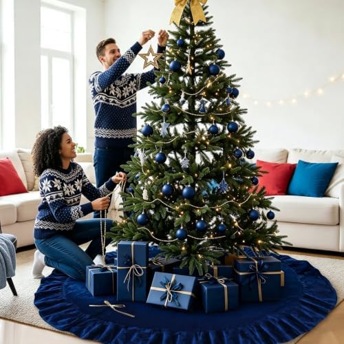 72 Inches Velvet Christmas Tree Skirt Decorations Blue Luxury Xmas Fur Plush Skirts for Merry Christmas Party Rustic Vintage Holiday Home Winter - Image 7