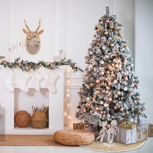 30 Inch Burlap Christmas Tree Skirt with White Snowflakes, Khaki - Image 2