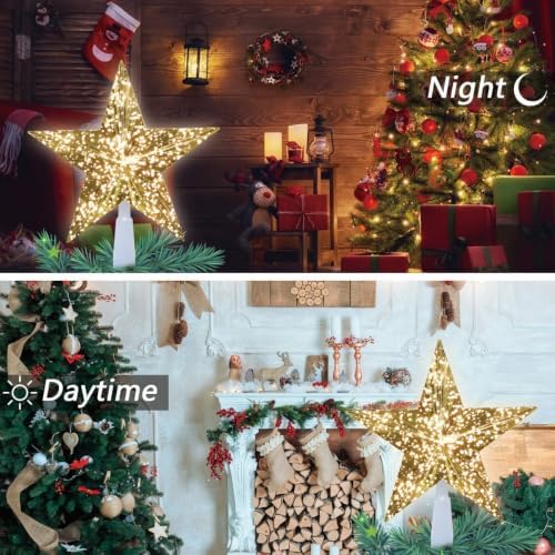 LAMPHOME 9" 10L Christmas Tree Topper,Gold Glitter Star Tree Topper, Golden Chrome Lighted Christmas Star Treetop 10 Warm White Lights, Festive Xmas Tree Top Decoration for Indoor Holiday Home Decor - Image 2