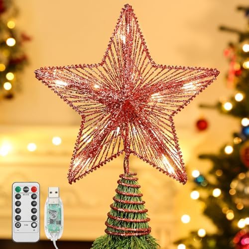 Lewondr Lighted Christmas Star Tree Topper with Remote & Timer, Red by Lewondr