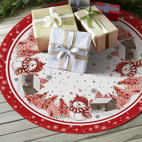AVOIN colorlife Red Snowflake Snowman Cardinal Christmas Tree Skirt 48 Inch - Image 4