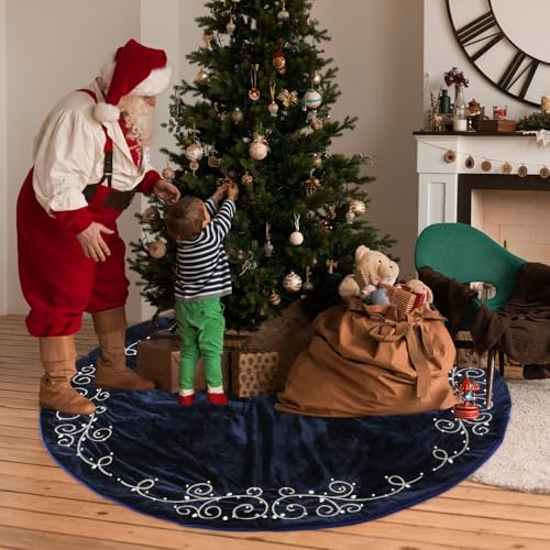 72inch Extra Large Christmas Tree Skirt Navy Blue Luxury Velvet Plush Fur Skirts Baroque Tree Skirts with Gold Embroidered Pearls and Crystals Trees Skirt for Christmas Holiday Party Home Decoration - Image 6