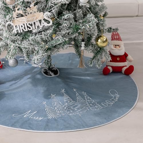CROWNED BEAUTY 48 Inch Blue Velvet Christmas Tree Skirt, Tree Embroidery - Image 5