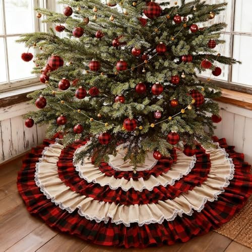 yuboo Burlap Buffalo Plaid Christmas Tree Skirt 48 inches, Red Farmhouse 6-Layer Ruffle Tree Skit with Lace Border for 5-7 FT Trees, Fall Thanksgiving Christmas Decorations by yuboohomedecorations