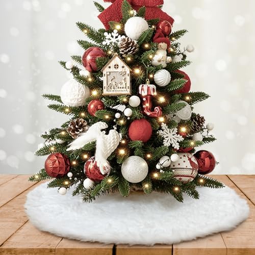 Christmas Tree Skirt 24 inch Red Faux Fur Soft Fluffy Ornaments Xmas Tree Skirts for Xmas Tree Ornaments and Party Holiday Decorations (White Plush, 24 inches) by Amidaky
