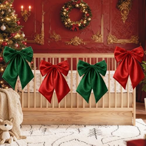Red Green Big Bow Decor 23 x 11 Inch Christmas Bows for Wreaths Decrations Crib Large Green Red Satin Bows Decor Giant Bow Coquette Party for Xmas Gift Wrapping Baby Shower Wedding (4 Pack) - Image 5