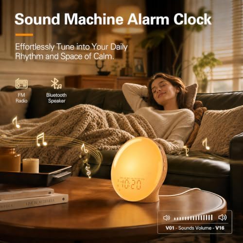 JALL Full-Screen Wake Up Light Sunrise Alarm Clocks for Bedrooms, White Noise Machine for Heavy Sleepers, 25 Natural Sounds, Dual Alarms, FM Radio, 17 Dimmable Colors, Bluetooth Speaker - Image 7