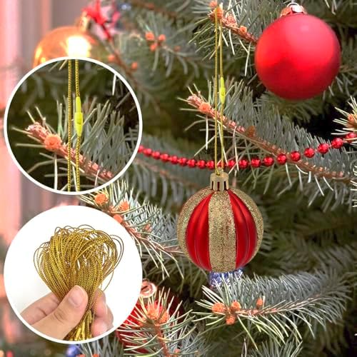 Christmas Hooks for Ornaments, 200 PCS Gold Christmas Ornament String Ribbon Hangers with Snap Hanging Ropes Hooks Cords Locking Xmas Holiday Tree Decorations Toddler Proof Adjustable Pendant - Image 5
