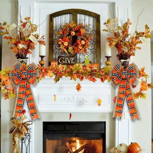 2 Pcs Fall Bows for Wreaths Decorations,Fall Tree Topper Bow,Thanksgiving Bow with Orange Pumpkin Buffalo Plaid Burlap for Halloween Autumn Home Front Door Outdoor - Image 7
