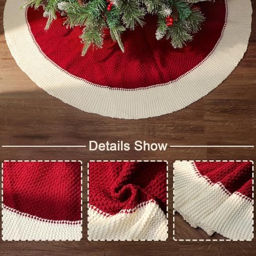 48 Inch Christmas Tree Skirt: Red Tree Skirt with White Edge, Knit Tree Skirt for 7.5FT Tree, Vintage Tree Skirts, Rustic Farmhouse Christmas Decorations - Image 3