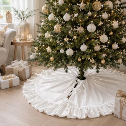 48-Inch White Ruffled Velvet Christmas Tree Skirt with 3 Bow Ties, Large Round Xmas Tree Base Cover for Holiday Home and Party Decor, 122 cm - Image 3