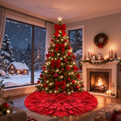 yuboo Large Red Ruffle Tree Skirt 48", Rustic Farmhouse Wedding Decorations, Tiered Fluffy Tree Skirt for Engagement Party & Mother Day Holiday Decor - Image 4