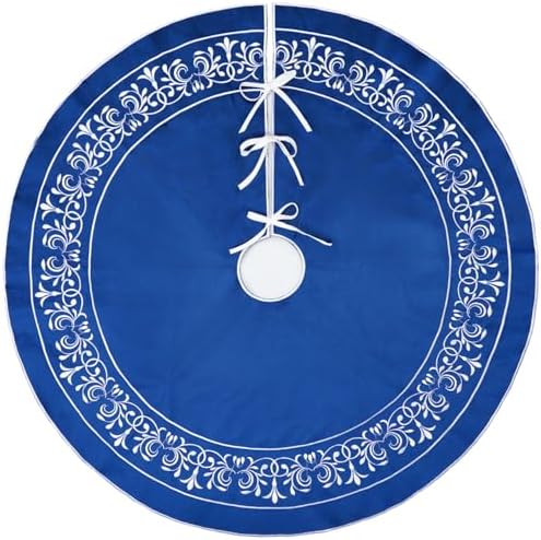 Blue Christmas Tree Skirt Velvet 30 inch，Elegant Velvet Fur Plush Blue Tree Skirt, Xmas Tree Skirts with Floral Embroidered Vintage Pattern Round for Merry Christmas Party Xmas Tree Decorations - Image 7