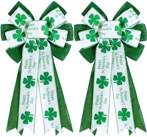 2 Pcs St Patricks Day Bows for Wreath Outdoor Decorations,St Patricks Day Tree Topper Bows,Large White Green Burlap Shamrock Bowknot Irish Holiday Crafts Bows for Front Door Decor by brand