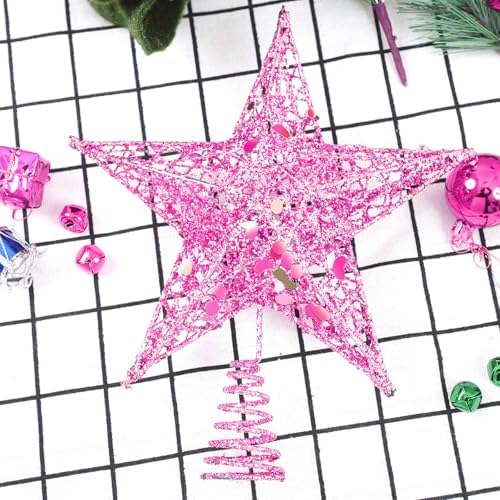 URATOT Glittered Christmas Tree Topper Metal Christmas Treetop Hallow Wire Star Topper for Christmas Home Decoration (8 inches, Pink) - Image 3
