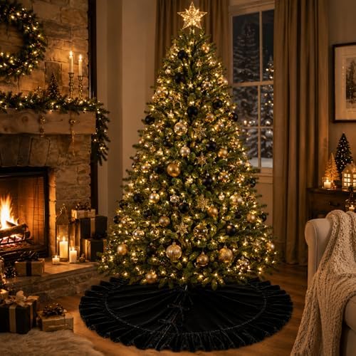 60-Inch Black Ruffled Velvet Christmas Tree Skirt with Bow Ties, Extra Large Vintage Round Pleated Xmas Tree Base Cover for Christmas Holiday Home and Party Decor, 150 cm - Image 5