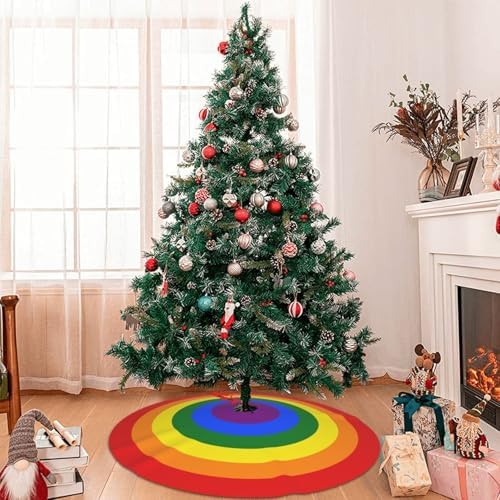 Rainbow Rings Christmas Tree Skirt Funny Tree Mat for Farmhouse Xmas Holiday Party Decorations Indoor Outdoor 36 Inch - Image 2