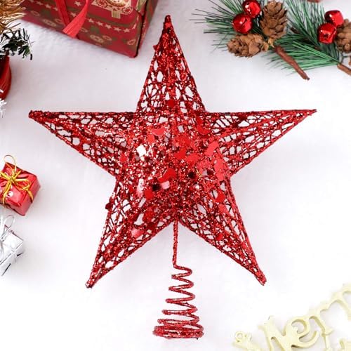 URATOT Glittered Christmas Tree Topper Metal Christmas Treetop Hallow Wire Star Topper for Christmas Home Decoration (8 inches, Red) - Image 3