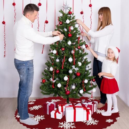 Christmas Tree Skirt, Snowflakes Xmas Tree Skirt, 48 inch Red Cable Knit Knitted Thick Farmhouse Rustic Christmas Tree Skirts Xmas Holiday Decoration (48in) - Image 6