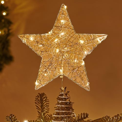 Joiedomi 8 inch Christmas Glitter Star Tree Toppers, Battery Powered Metal Silver Star Lighted with LED Warm White Lights for Xmas Decorations, Holiday Party Indoor Decor by JOYIN