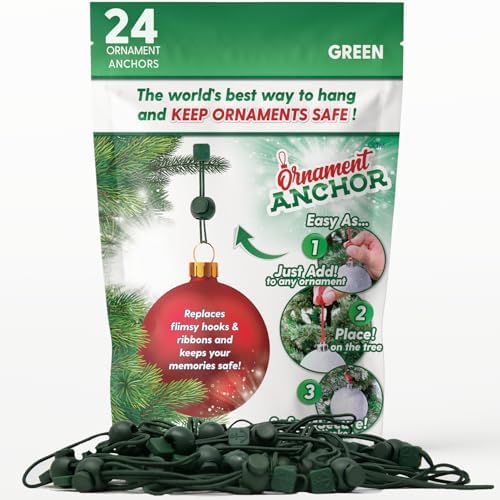 ORNAMENT ANCHOR Ornament Hooks for Hanging Christmas Decorations - No-Slip Hanging Hooks for Xmas - Heavy Duty Christmas Tree Ornaments Hanger Hooks for Small & Large Ornaments (Green, 24 Count) by OrnamentAnchor