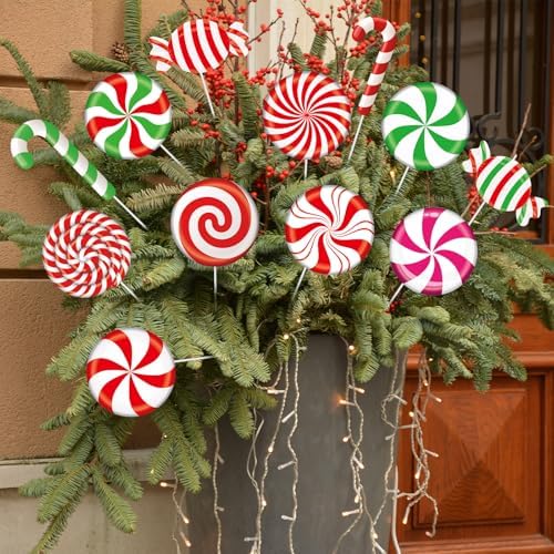 24 Pcs Large Christmas Decorations Indoor: Swirl Lollipop Christmas Tree Picks Red Green Candy Cane Design Decorations for Xmas Tree Topper Home Office Party Vase Decor - Image 6