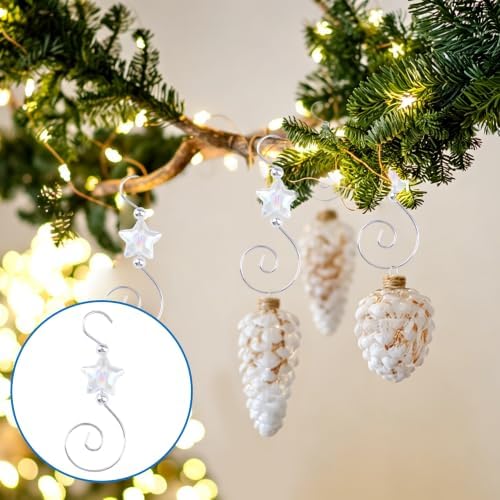 INCREWAY 30PCS Christmas Ornament Hooks with Pentagram Bead, S-Shaped Decorative Hangers Silver Metal Wire Transparent Acrylic Beads for Christmas Tree Decorations Party Crafts Door Frame - Image 6