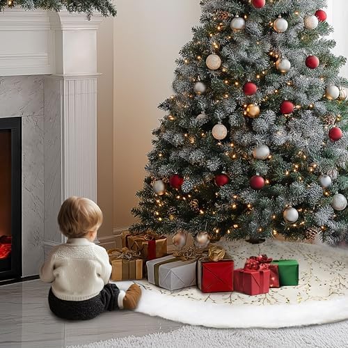 36 Inch Christmas Tree Skirt,White and Gold Faux Fur Xmas Tree Skirt,Thick Plush Velvet Tree Skirt for 4ft/6ft/7.5ft/9ft Christmas Trees,Large White Christmas Tree Skirt for Holiday Decoration - Image 6