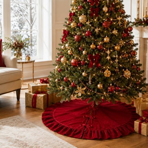 48-Inch Dark Red Ruffled Velvet Christmas Tree Skirt with 3 Bow Ties, Large Round Vintage Xmas Tree Base Cover for Christmas, New Year, Home Holida Party Decor, 122 cm - Image 3