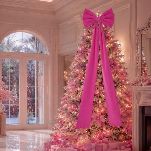 Knitgrip 20 x 71 Inches 1 Pack Christmas Extra Large Velvet Bows Christmas Tree Topper Bow Decor Giant Xmas Front Door Bows with Long Streamers for Home Wreath Wall Backdrop Party (Rose Red) - Image 6