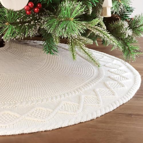48 inch Christmas Tree Skirt: Diamond Edge Knit Tree Skirt for 7.5ft Tree, Cream White Tree Skirt, Vintage Tree Skirts, Rustic Farmhouse Christmas Decorations - Image 5