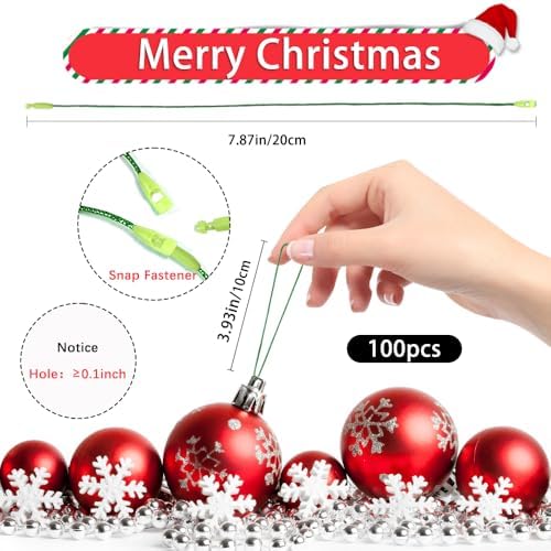Christmas Ornament Hangers String, 100 Pcs PreCut Hooks for Trees, Green Ornament Ribbon with Snap Fastener - Image 2