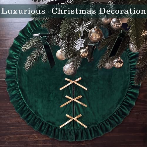Velvet Christmas Tree Skirt, 48 Inches, Bow Style, Dark Green - Image 2