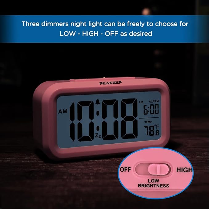 Peakeep Night Light Digital Alarm Clock Battery Operated Indoor Temperature | Small Cordless Cute Clock for Bedroom Desk Travel, Simple to Use for Teens Kids (Pink) - Image 6