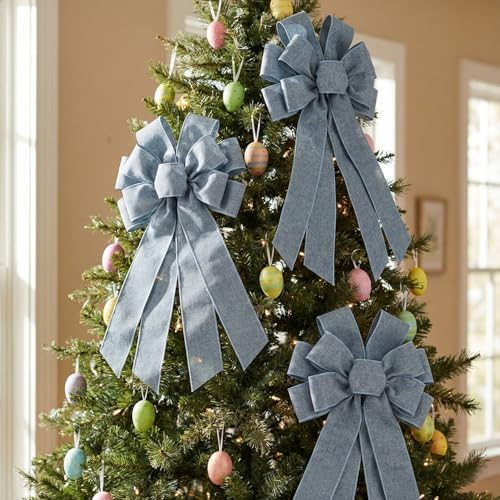 Denim Blue Large Bow for Wreath Tree Topper 11x21 Inch Linen Texture Wired Ribbon Big Bows for Front Door Spring Patriotic Decor Gift - Image 3