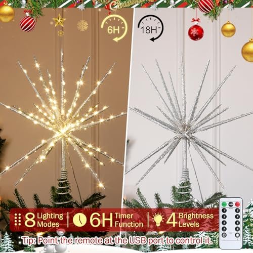 HMASYO 15 Inch Twinkling Starburst Christmas Tree Star Topper, 19-Point Silver Star Tree Topper with 150 LED, Remote Control & Timer, USB Power for Indoor Home Holiday Party Xmas Tree Decoration - Image 4